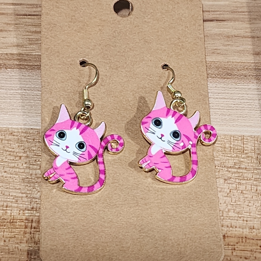 Handmade Black Cat With Ouija Eye Shape Pink Tiger Cat Enamel Metal Earrings Set - Picture 3 of 8